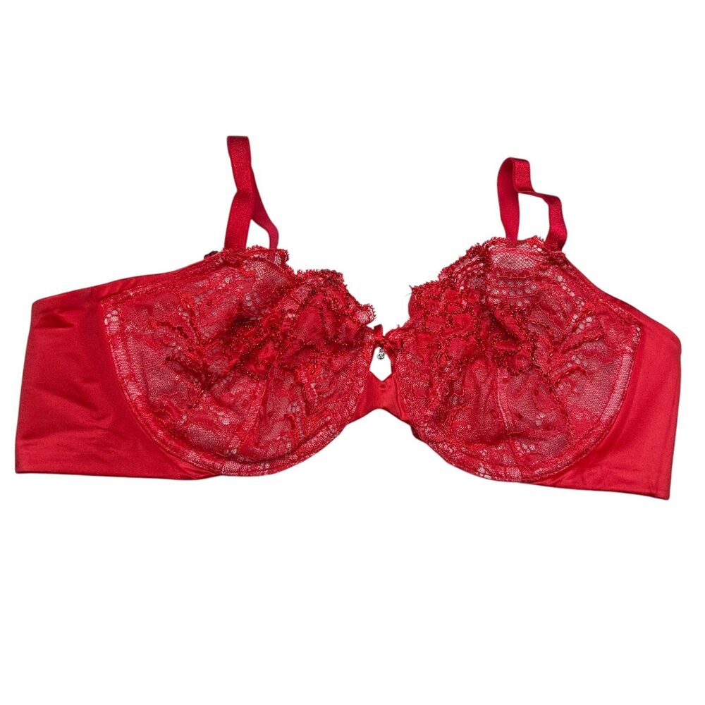 Victoria’s Secret red unlined Demi floral lace sexy beaded bra 34D